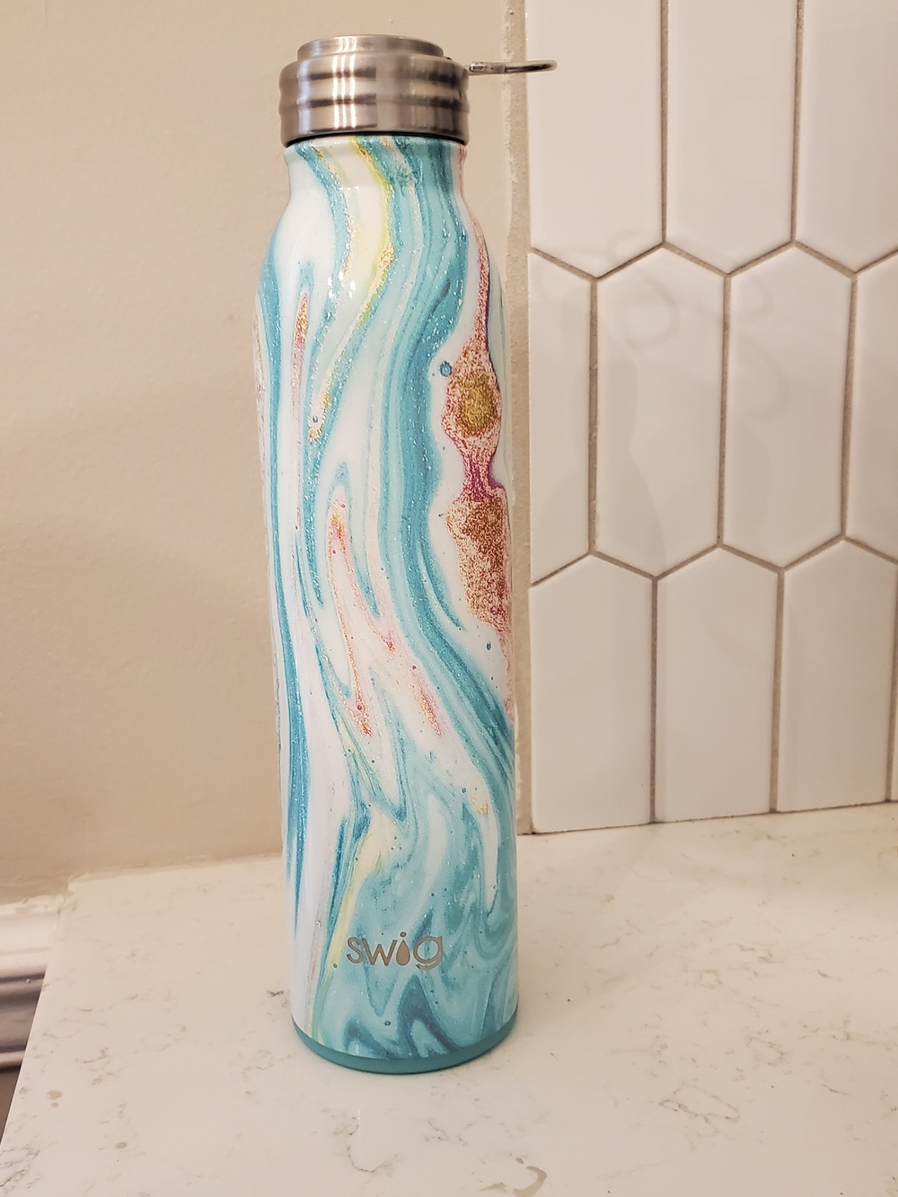 Swig Marble Swirl Stainless Water Bottle - Teal, White, Gold
